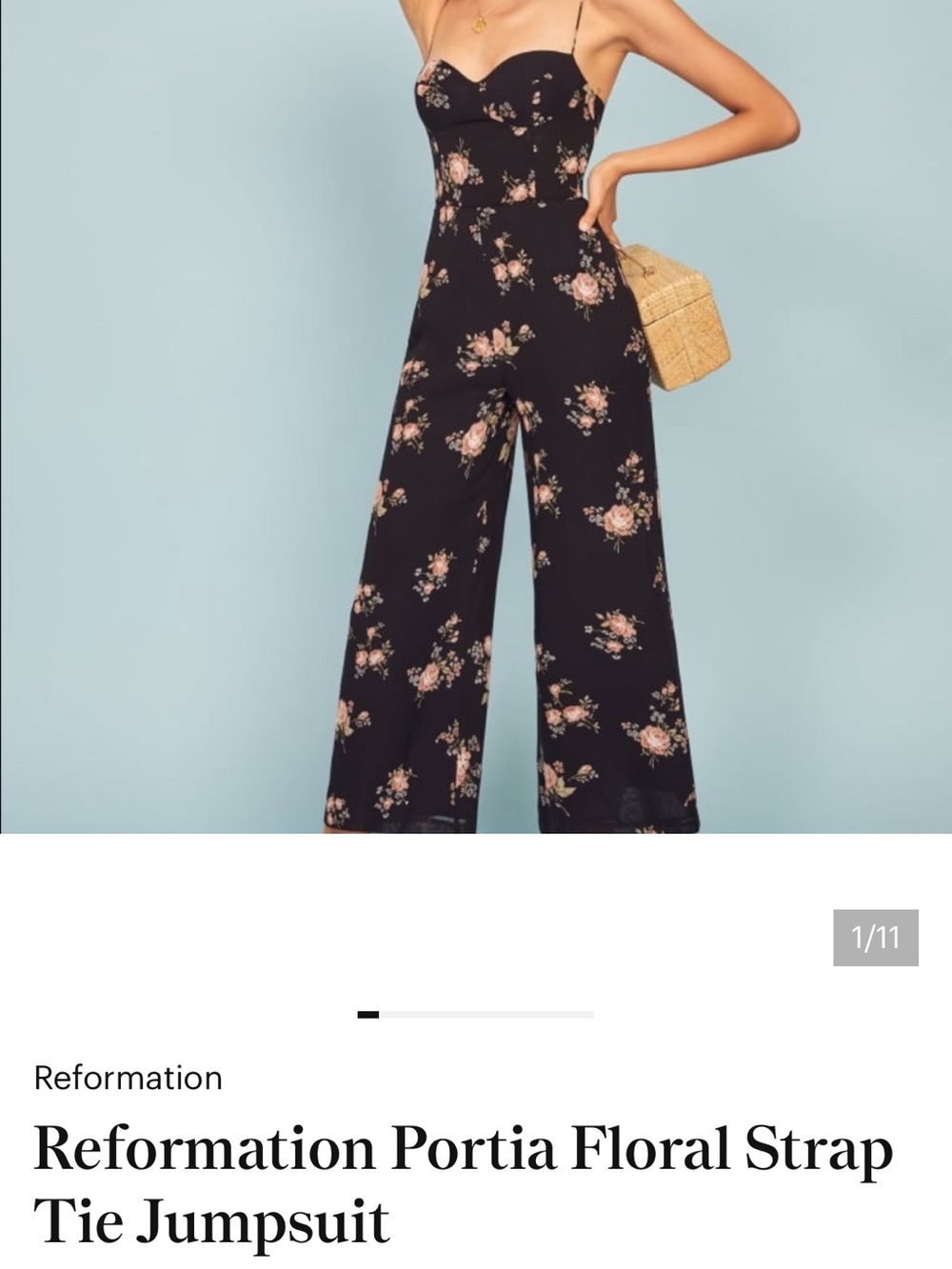 Reformation Black Floral Sweetheart Jumpsuit with Pink Roses